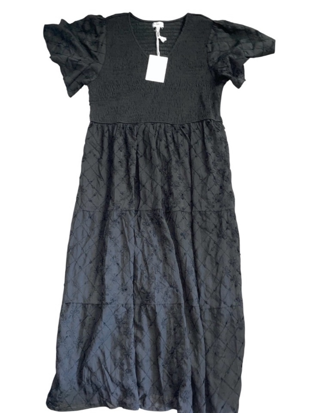 Polagram Black Puff-Sleeve Tiered Midi Dress